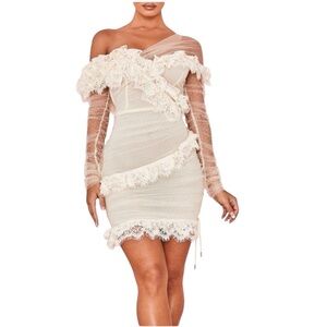 House of CB 'Sorrel' Tulle Asymmetric Minidress Ivory Large NWT